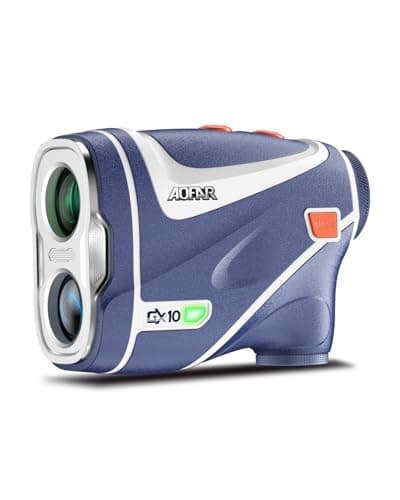 Blau-weißer Laser-Entfernungsmesser mit orangefarbenen Tasten und Schriftzug AOFAR GX10 vor weißem Hintergrund