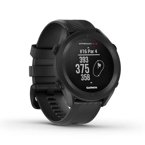 Schwarze Garmin Approach S12 Golfuhr mit Silikonarmband, Display zeigt Distanzen, weißer Hintergrund