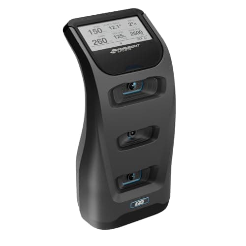 Schwarzes Launch-Monitor-Gerät mit Display und drei Kameralinsen, Schriftzug Foresight Sports, weißer Hintergrund