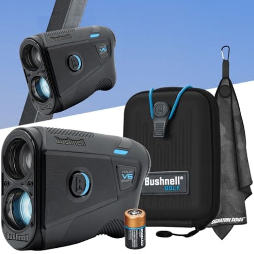 Bushnell Golf Laser-Entfernungsmesser in Schwarz-Blau mit Hartschalentasche, Batterie und Handtuch vor weißem Hintergrund
