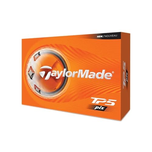 Orange Verpackung für Golfbälle mit TaylorMade- und TP5 pix-Aufdruck vor weißem Hintergrund