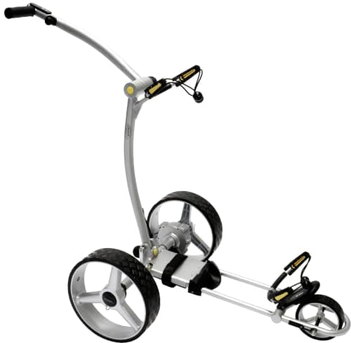 Elektrischer Golftrolley in Silber mit weißen Rädern und schwarzem Griff vor weißem Hintergrund