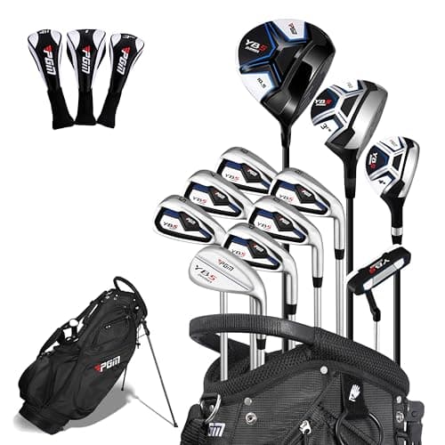 Golfschläger-Set mit Eisen, Driver, Putter, schwarzem Standbag und drei PGM-Schlägerhauben vor weißem Hintergrund